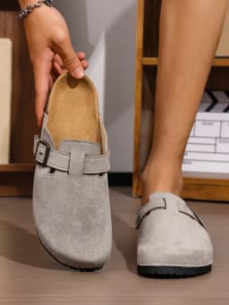 Men's Spring and Autumn Casual Simple Buckle Flat Heel Set Wear Soft Wood Grain Solid Color PU Shoes Bread Head Beach Slippers C