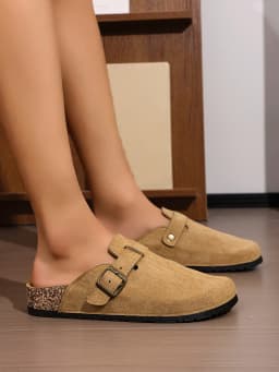 Men's Spring and Autumn Casual Simple Buckle Flat Heel Set Wear Soft Wood Grain Solid Color PU Shoes Bread Head Beach Slippers C