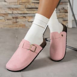 Women Suede Clog Mule Slippers Adjustable Buckle Closed Toe Backless Flat Indoor Outdoor Casual Shoes