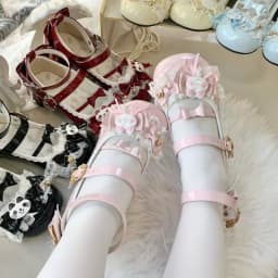 Cute Lolita Mary Jane Heels with Bunny Bows Lace and Bells for Cosplay and Tea Parties