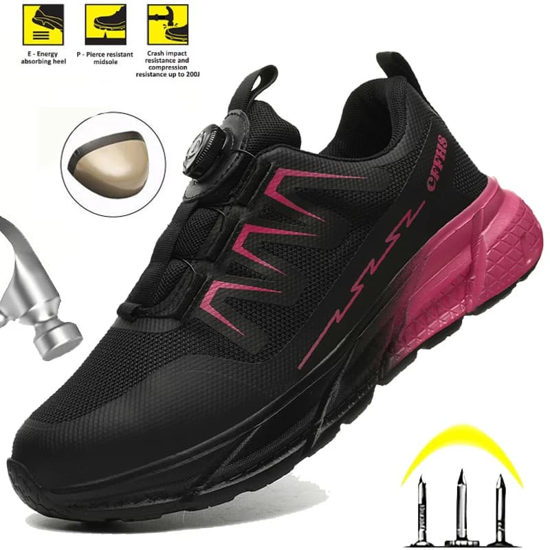 Lightweight Women's Work Shoes with Rotary Button - Breathable Steel Toe Safety, Anti-Puncture Anti-Smash Indestructible Shoes