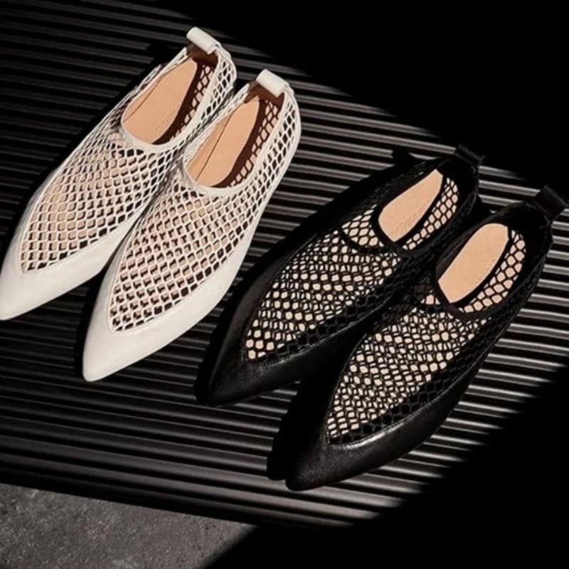 Womens Mesh Flats Pointed Toe Slip On Comfort Walking Shoes Hollow Out Breathable Loafers Smooth Leather Minimalist Elegant Chic