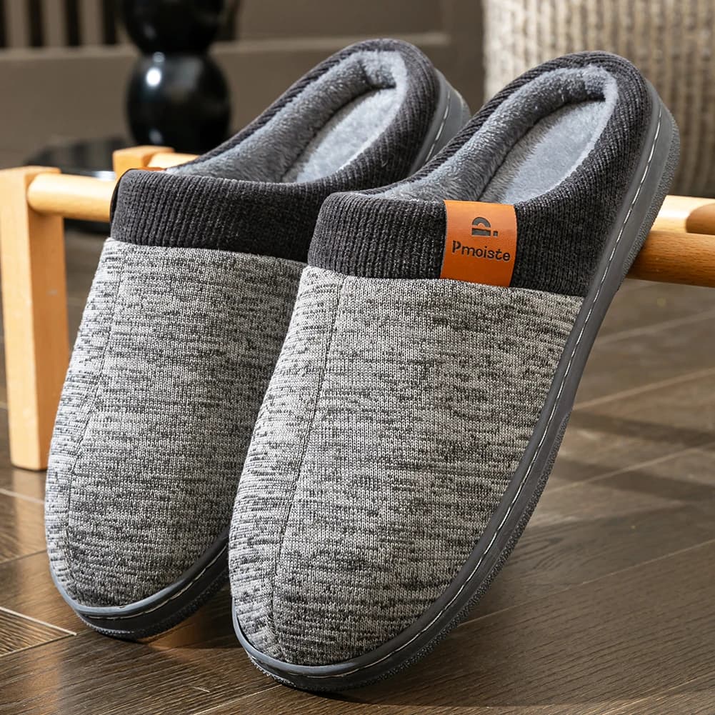 Winter Warm Men's Home Knitted Splicing Slippers TPR Anti slip Flat Shoes Comfortable and Soft Indoor Shoes