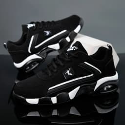 ZERJER Men's Air Cushion Casual Sports Shoes Breathable mesh & PU upper, geometric pattern design, lace-up closure, black and wh