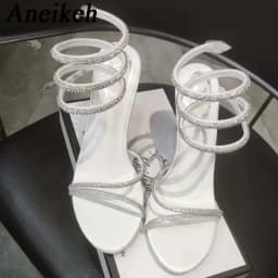 Aneikeh Star Style Luxury Crystal Snake Coiled Ankle Strap Lady Gladiator Sandals Sexy Stiletto High Heel Summer Party Prom Shoe