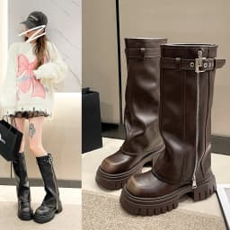 Winter Women Biker Boots Fashion Belt Buckle Ladies Elegant Platform Long Pipe Booties Casual Women's Knee High Booties2024