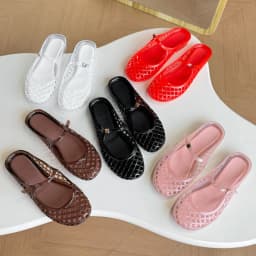 Women Hollow Jelly Mules Slippers Summer Mary Jane Round Toe Slip On Crystal PVC Sandals Breathable Outdoor Beach Flat Shoes