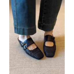 Women Woven Hollow Mules Summer Square Toe Double Buckle Wedge Heel Slip On Retro Breathable Outdoor Mules Slides