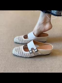 Women Woven Hollow Mules Summer Square Toe Double Buckle Wedge Heel Slip On Retro Breathable Outdoor Mules Slides