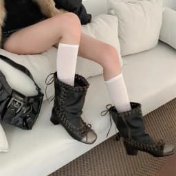 Square Toe Lace-Up Bow Pleated Fashion Boots Vintage Big Barrel Girl Block Heel Booties Stack Mid-Barrel Boots Women