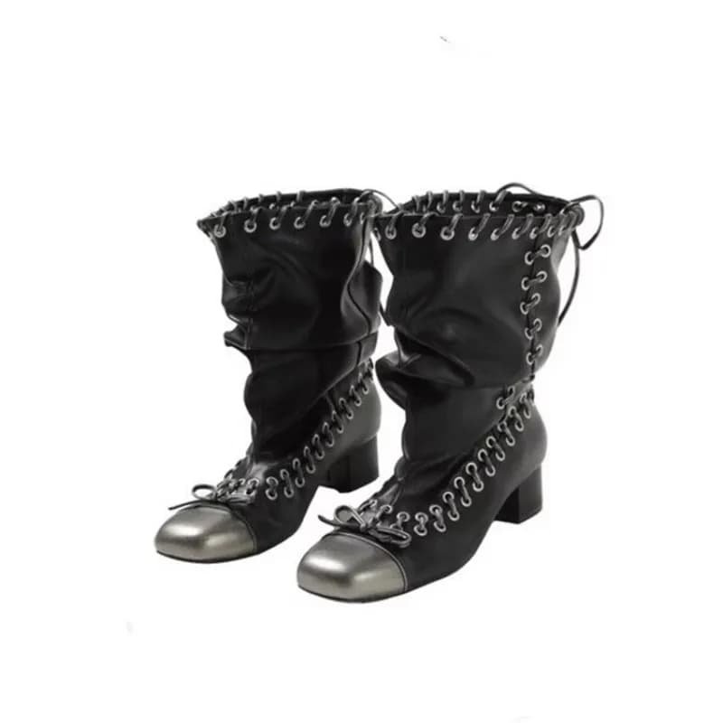 Square Toe Lace-Up Bow Pleated Fashion Boots Vintage Big Barrel Girl Block Heel Booties Stack Mid-Barrel Boots Women
