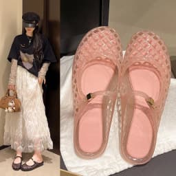 Women's Light Luxury Crystal Jelly Mary Jane Flat Sandals Hollow-out Breathable Closed Toe Summer Casual Non-slip Slip-on Shoes