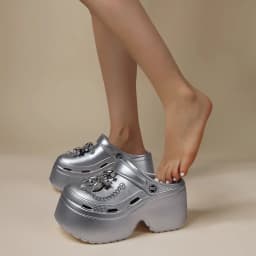 Women's Diy Clogs Summer 2026 Slip On Wedge Heels Chunky Platform Sandals Woman Silver Chain EVA Slippers Garden Shoes Woman