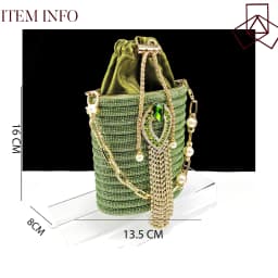 Stylish And Special Olive Bright Bag Match Women's Sandals Set With Big Diamond Tassels And Long And Short Double Chains
