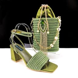 Stylish And Special Olive Bright Bag Match Women's Sandals Set With Big Diamond Tassels And Long And Short Double Chains