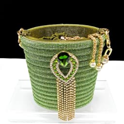 Stylish And Special Olive Bright Bag Match Women's Sandals Set With Big Diamond Tassels And Long And Short Double Chains