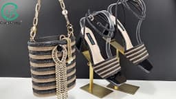 Stylish And Special Olive Bright Bag Match Women's Sandals Set With Big Diamond Tassels And Long And Short Double Chains