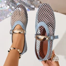 Mesh Black Ballet Shoes Female 2026 Summer New Flat Hollow Mesh Breathable Buckle Strap Single Shoes Fishnet Shoes Woman Sandals