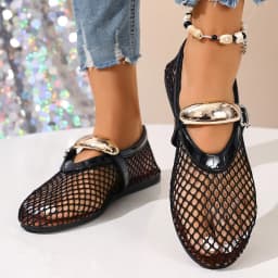 Mesh Black Ballet Shoes Female 2026 Summer New Flat Hollow Mesh Breathable Buckle Strap Single Shoes Fishnet Shoes Woman Sandals