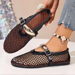 Mesh Black Ballet Shoes Female 2026 Summer New Flat Hollow Mesh Breathable Buckle Strap Single Shoes Fishnet Shoes Woman Sandals