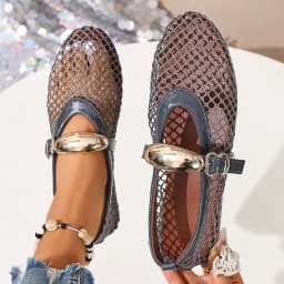 Mesh Black Ballet Shoes Female 2026 Summer New Flat Hollow Mesh Breathable Buckle Strap Single Shoes Fishnet Shoes Woman Sandals