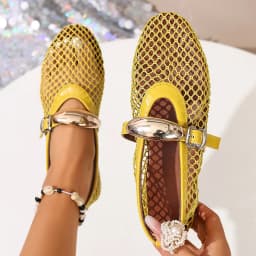 Mesh Black Ballet Shoes Female 2026 Summer New Flat Hollow Mesh Breathable Buckle Strap Single Shoes Fishnet Shoes Woman Sandals