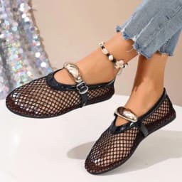 Mesh Black Ballet Shoes Female 2026 Summer New Flat Hollow Mesh Breathable Buckle Strap Single Shoes Fishnet Shoes Woman Sandals