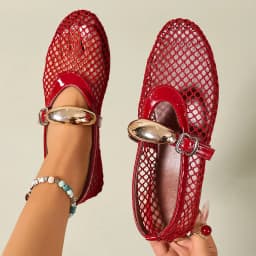 Mesh Black Ballet Shoes Female 2026 Summer New Flat Hollow Mesh Breathable Buckle Strap Single Shoes Fishnet Shoes Woman Sandals