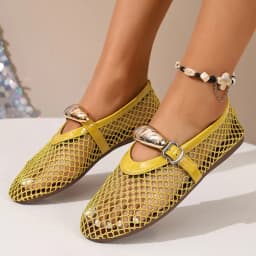 Mesh Black Ballet Shoes Female 2026 Summer New Flat Hollow Mesh Breathable Buckle Strap Single Shoes Fishnet Shoes Woman Sandals