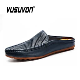 Italian Men Slippers Genuine Leather Loafers Moccasins Outdoor Non-slip Black Casual Slides Summer Spring Fashion Shoes 2020
