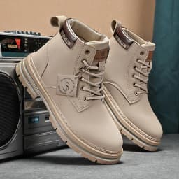 [Heavy-Duty Lace-Up Boots] 1-Pair High-Top Heavy-Duty Lace-Up Ankle Boots | All-Terrain PU/Fabric, Lugged PVC Sole | Al