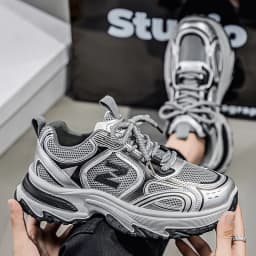 Men Gradient Silver Chunky Sneakers Mesh Breathable Platform Shoes Non Slip Thick Sole Casual Walking Footwear 2 Colors
