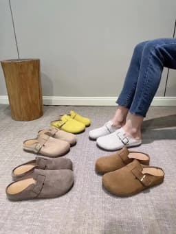 Women's Buckle Mule Slippers Faux Suede Closed Toe Clogs Korean Style Slip‑on Backless Loafers Retro Casual Outdoor Shoes