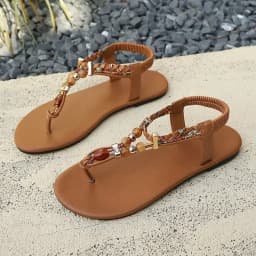 Women Bohemian Beaded Flip Flops Flat Sandals Summer Beach T-strap Clip Toe Casual Ankle Strap Shoes