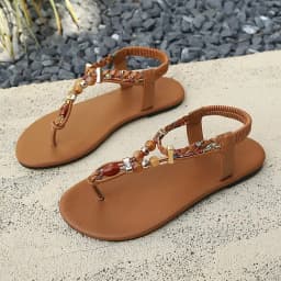 Women Bohemian Beaded Flip Flops Flat Sandals Summer Beach T-strap Clip Toe Casual Ankle Strap Shoes