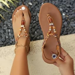 Women Bohemian Beaded Flip Flops Flat Sandals Summer Beach T-strap Clip Toe Casual Ankle Strap Shoes