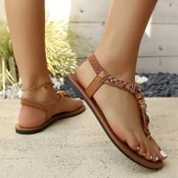 Women Bohemian Beaded Flip Flops Flat Sandals Summer Beach T-strap Clip Toe Casual Ankle Strap Shoes