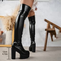 Womens Knee High Thick Sole Wide Heel Boots PU Leather Black Round Toe Rubber Sole All Day Comfort Casual Formal Wear