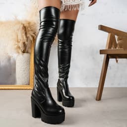 Womens Knee High Thick Sole Wide Heel Boots PU Leather Black Round Toe Rubber Sole All Day Comfort Casual Formal Wear