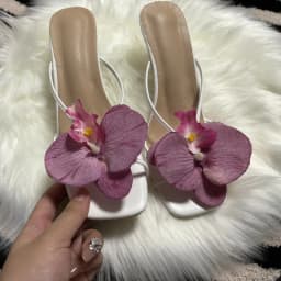 Orchid Flower Summer New High Heeled Women White Pink Blue Purple Floral Heels Square Toe Prom Slipper Slingback Shoes for Women