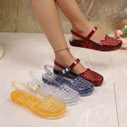 Women Hollow Jelly Sandals PVC Closed Toe Ankle Strap Flat Plastic Shoes Waterproof Non Slip Summer Beach Shower Casual Sandals