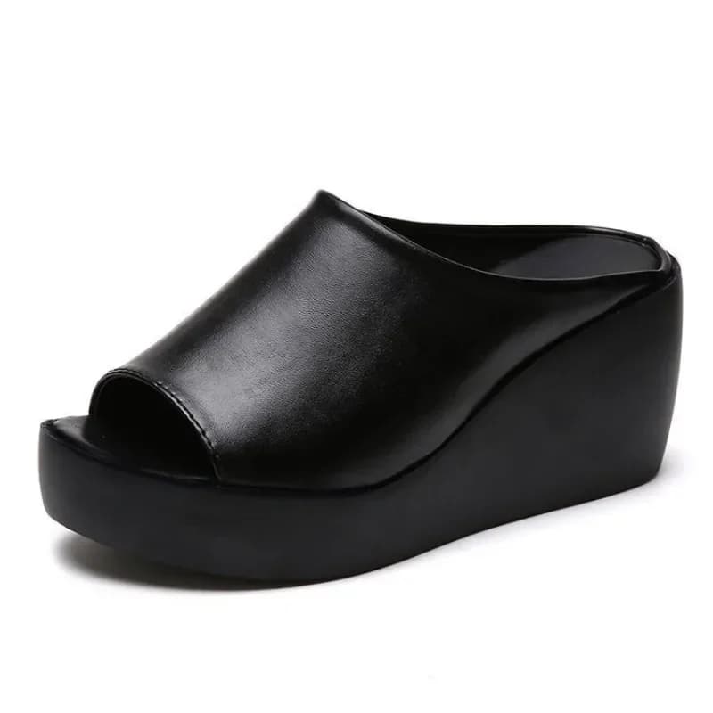 Fashion Women Elevated Wedge Slippers Peep Toe Platform Slip On Sandals Soft Leather Casual Summer Outdoor Mules