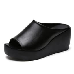 Fashion Women Elevated Wedge Slippers Peep Toe Platform Slip On Sandals Soft Leather Casual Summer Outdoor Mules