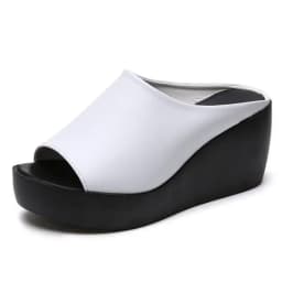 Fashion Women Elevated Wedge Slippers Peep Toe Platform Slip On Sandals Soft Leather Casual Summer Outdoor Mules