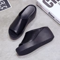 Fashion Women Elevated Wedge Slippers Peep Toe Platform Slip On Sandals Soft Leather Casual Summer Outdoor Mules