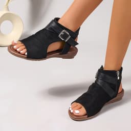 Black Pu Buckle Open Toe Fashion Comfortable Cool Wedge Heel Versatile Commuter Vacation Women's Sandals