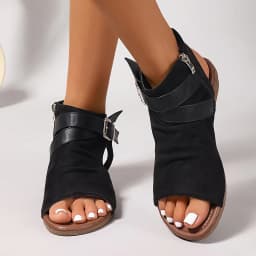 Black Pu Buckle Open Toe Fashion Comfortable Cool Wedge Heel Versatile Commuter Vacation Women's Sandals