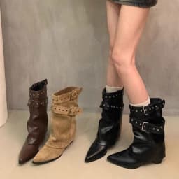 Vintage Thick Heel Pointed Toe Women Pipe Boots Fashion Belt Buckle Ladies Elegant Slip On Mordern Mid Calf Booties