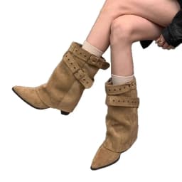 Vintage Thick Heel Pointed Toe Women Pipe Boots Fashion Belt Buckle Ladies Elegant Slip On Mordern Mid Calf Booties