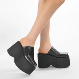 Gdgydh Fashion Square Toe Platform Mules Black PU Slip-On Loafers Thick Heels Comfortable Summer Footwear for Women Slippers